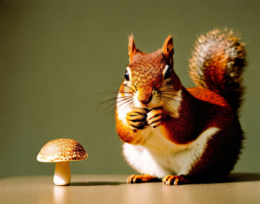 Red squirrel observing small mushroom on surface in warm backlight