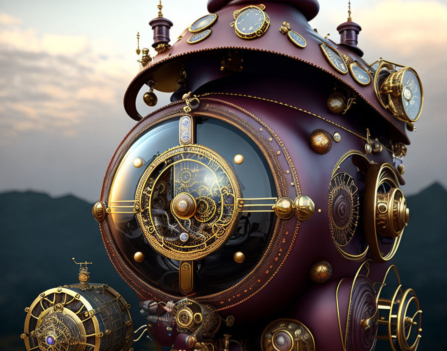 Steampunk Style Spherical Objects with Cogs and Gears in Mountainous Setting