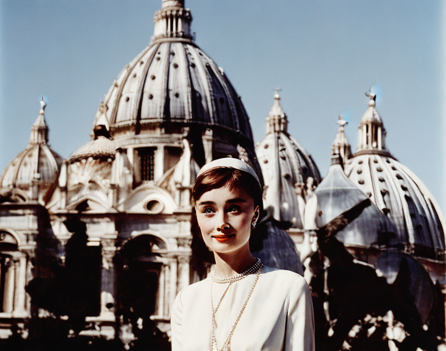 Woman in white outfit smiling in front of grand cathedral domes