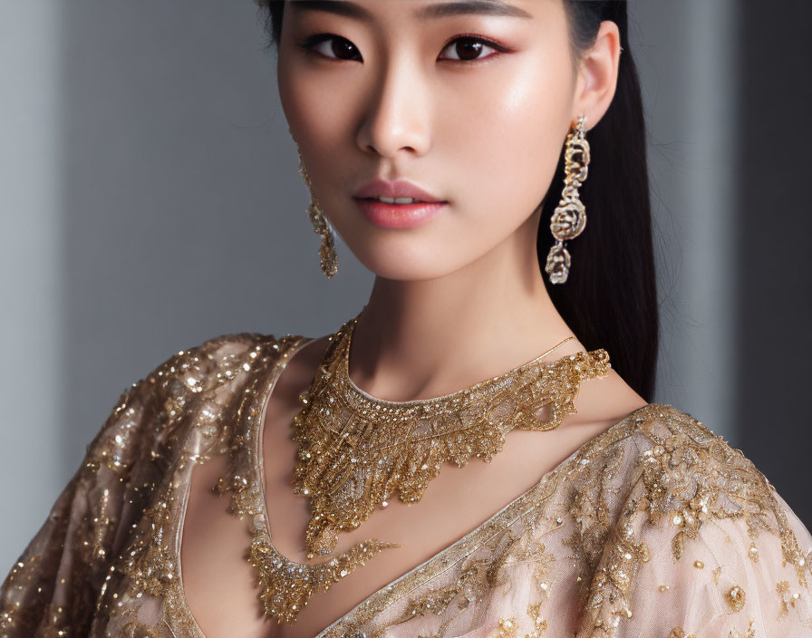 Elegant woman in gold dress with ornate earrings and subtle makeup