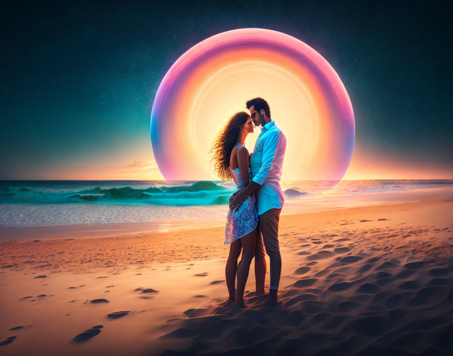 Couple Embracing on Beach at Twilight with Glowing Ring