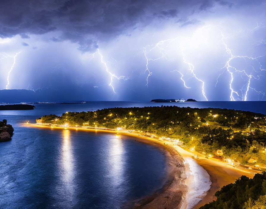 Coastal Night Scene: Lightning Strikes Over Curved Beachfront