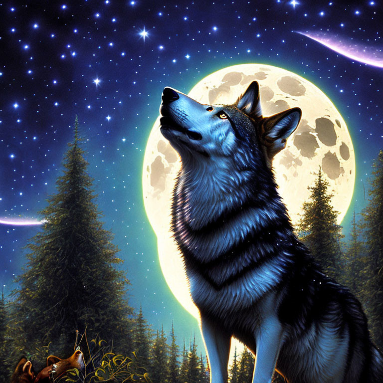 Wolf howling at full moon in star-filled forest scene