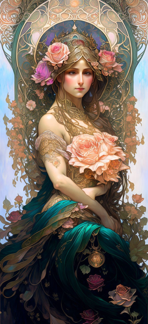 Ethereal woman with floral crown and tattoos holding peach bloom among roses