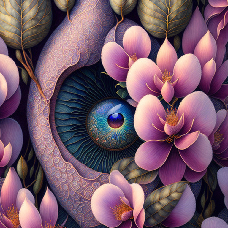 Detailed Eye Surrounded by Purple Flowers and Leaf Patterns