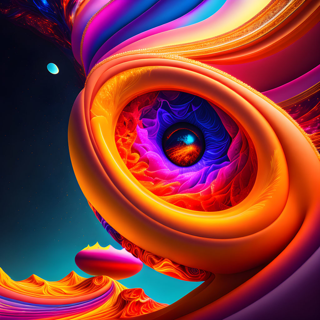 Colorful swirling patterns with eye-like center on cosmic backdrop