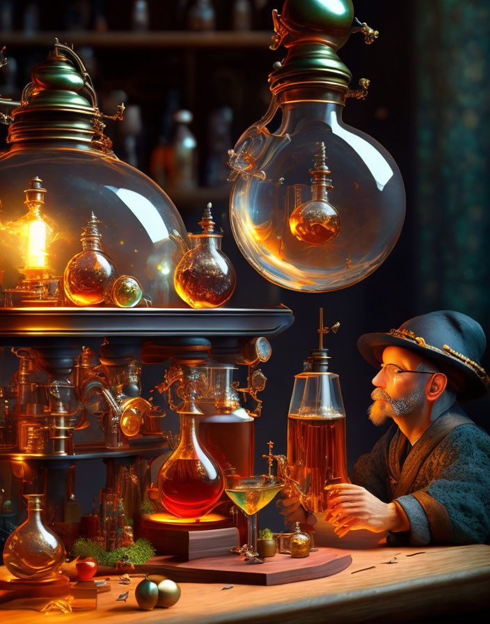 Bearded man in hat gazes at illuminated glass distillation setup