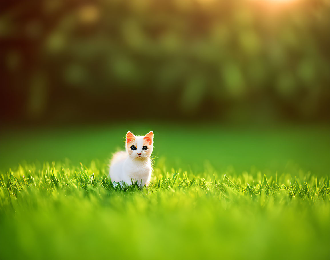 White Cat with Bright Eyes in Sunlit Grass Field