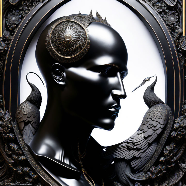 Black Glossy Human Bust with Circular Ornament in Ornate Heron Frame