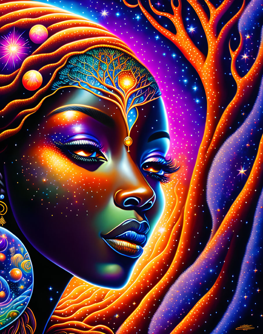 Colorful cosmic portrait of woman with tree branch and stars in hair