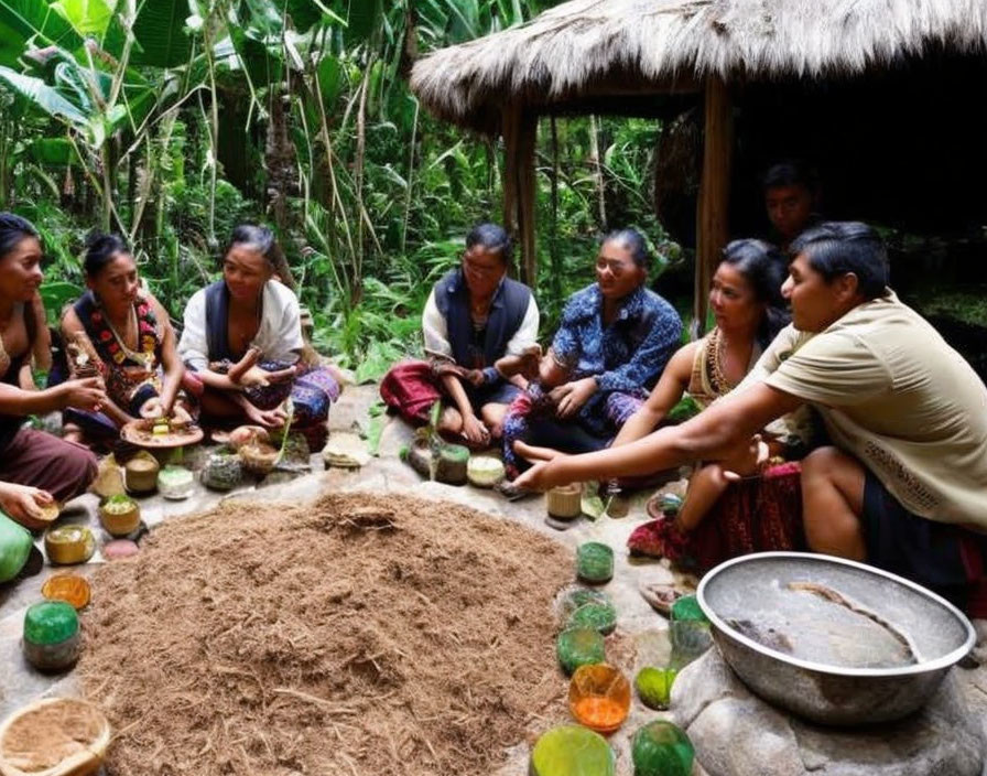 Traditional outdoor gathering with food around earth mound