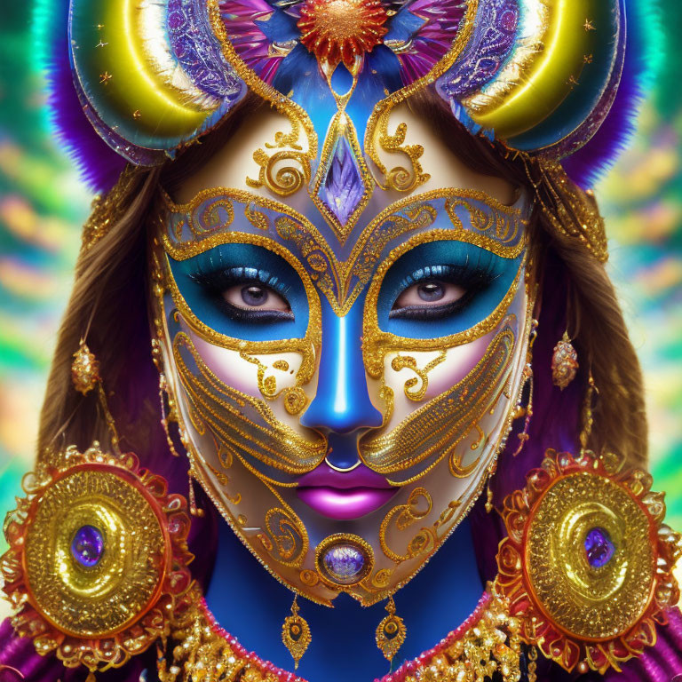 Colorful ornate mask with gold detailing and peacock feather designs worn by a person with striking eyes