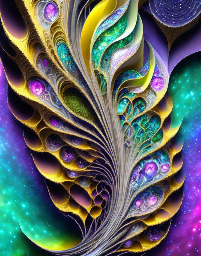 Colorful Fractal Art: Feather Structure, Gold to Purple, Swirling Patterns