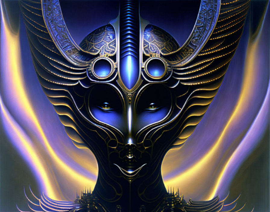 Surreal art: Face with metallic features and glowing blue eyes on golden background