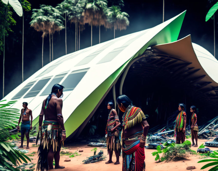 Futuristic building in jungle setting with people in tribal attire