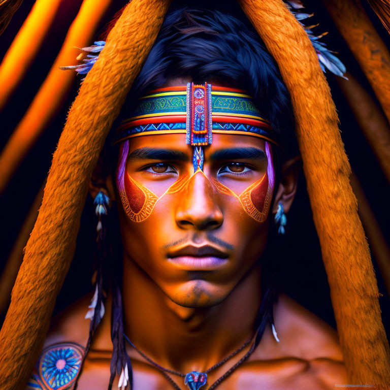 Colorful portrait of a person with painted face and feathers.