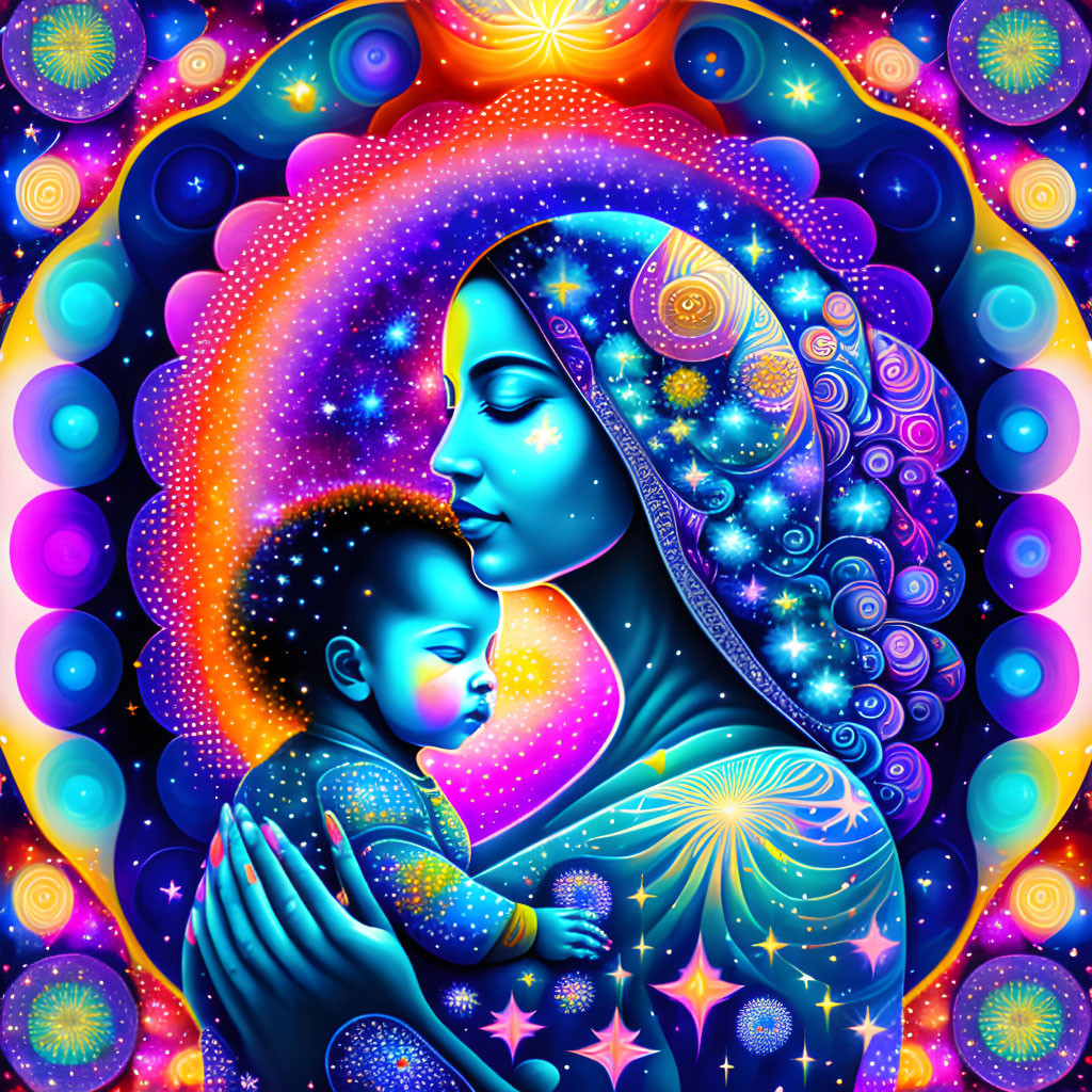 Colorful digital artwork: Woman holding baby with cosmic patterns in galaxy-like setting