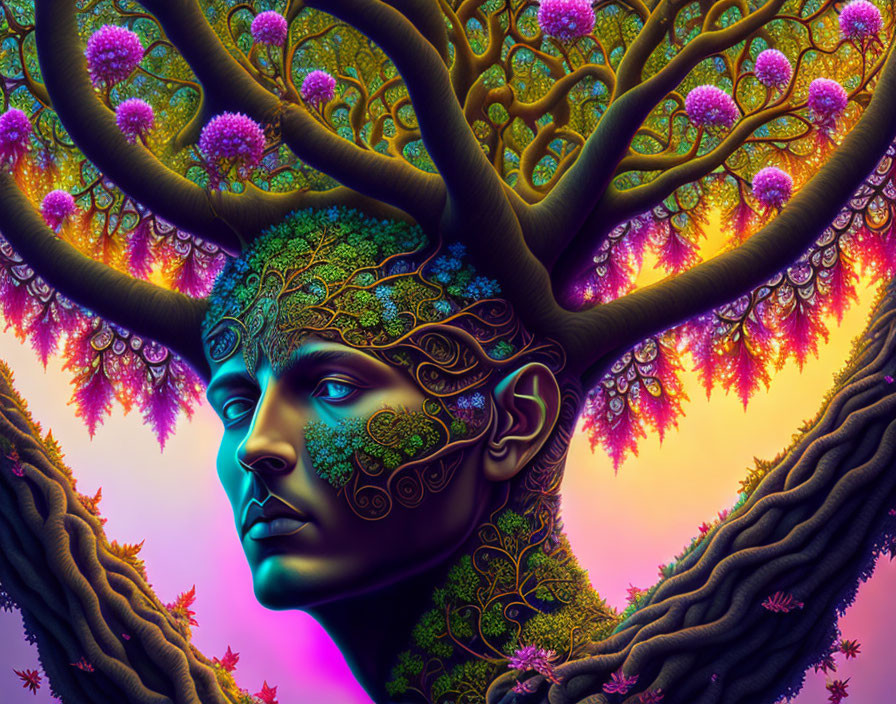 Colorful artwork featuring person with tree branch antlers and leaf patterns.