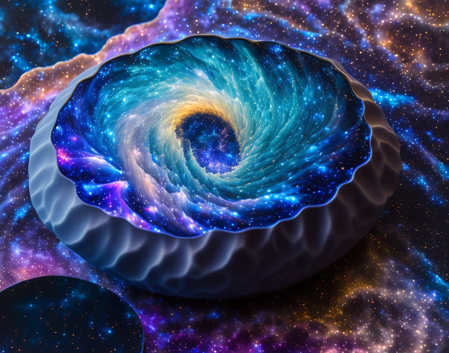 Cosmic digital art: swirling galaxy in clamshell amidst starry backdrop