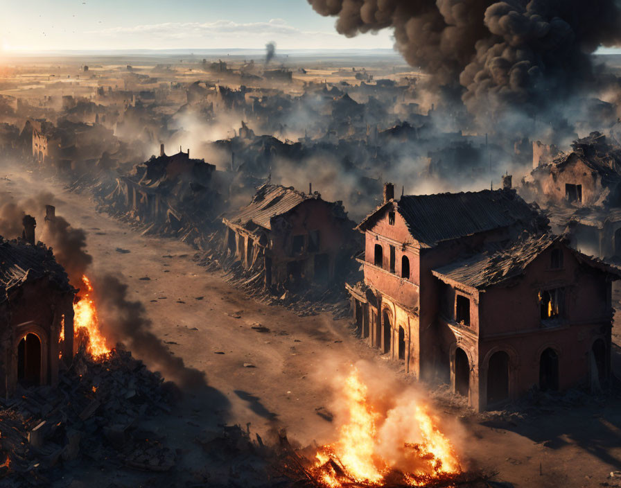 War-torn urban landscape with building ruins and smoke plumes