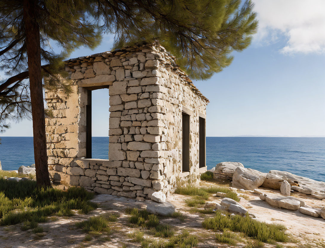 Desolate stone house by the sea with pine trees and rocky shore