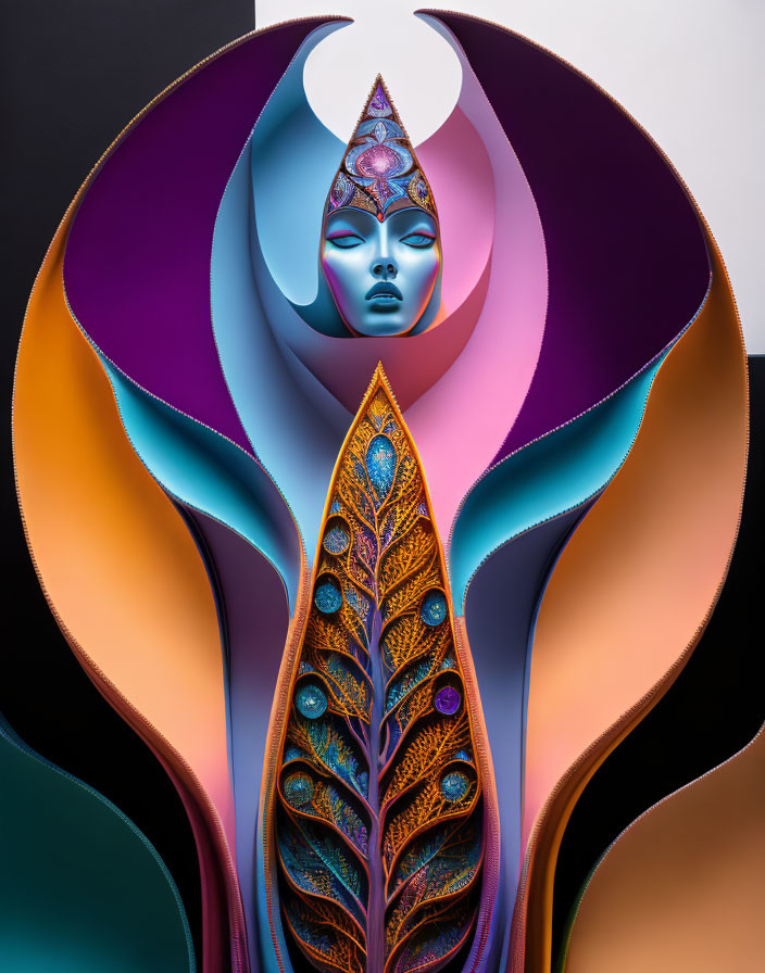 Surreal artwork: Blue-faced figure with ornate headpiece in vibrant, abstract surroundings