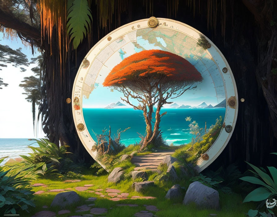 Round Portal Revealing Ancient Map Design and Coastal Landscape