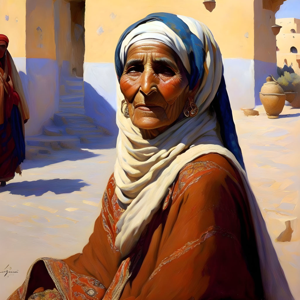 Elder woman with headscarf outdoors near traditional buildings