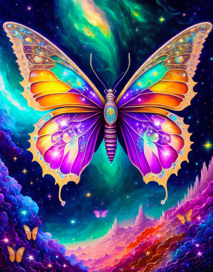 Colorful surreal butterfly in cosmic background with stars & nebula clouds