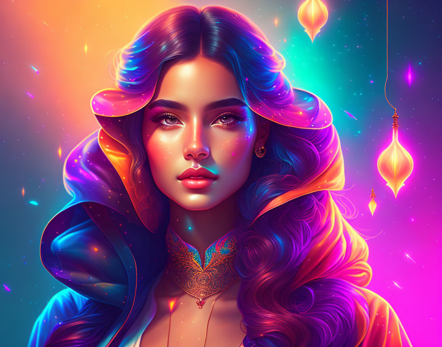 Colorful digital art portrait of a woman with flowing hair and neon-lit background.