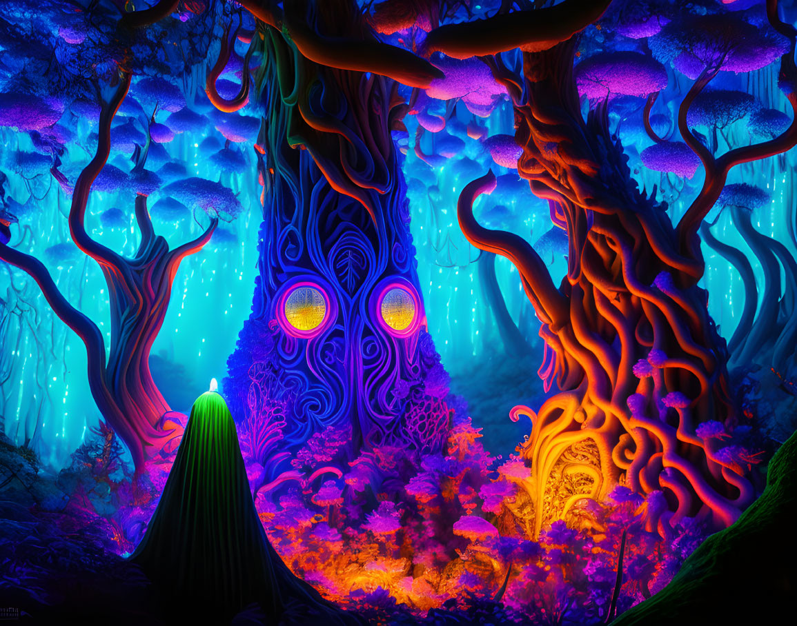 Fantastical forest with vibrant blue and orange trees