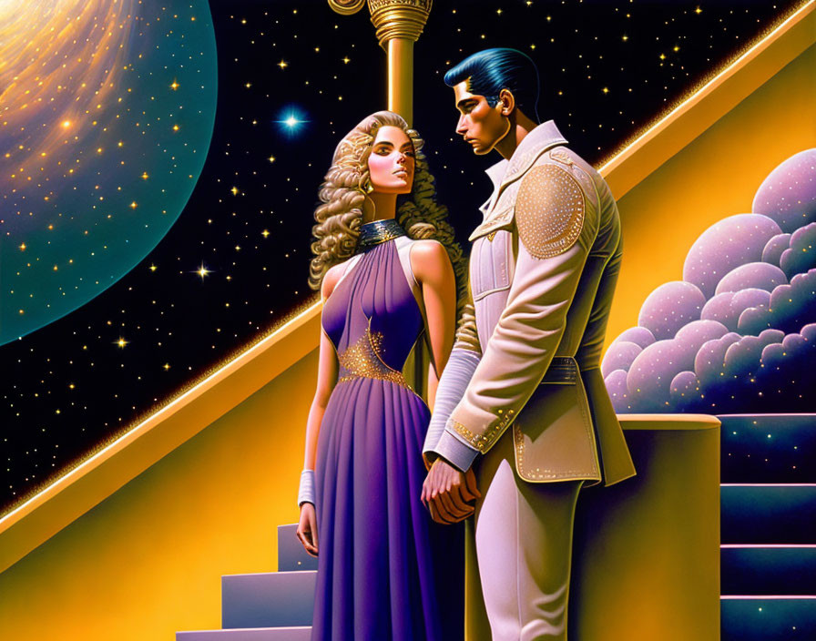 Futuristic characters in celestial setting with staircase