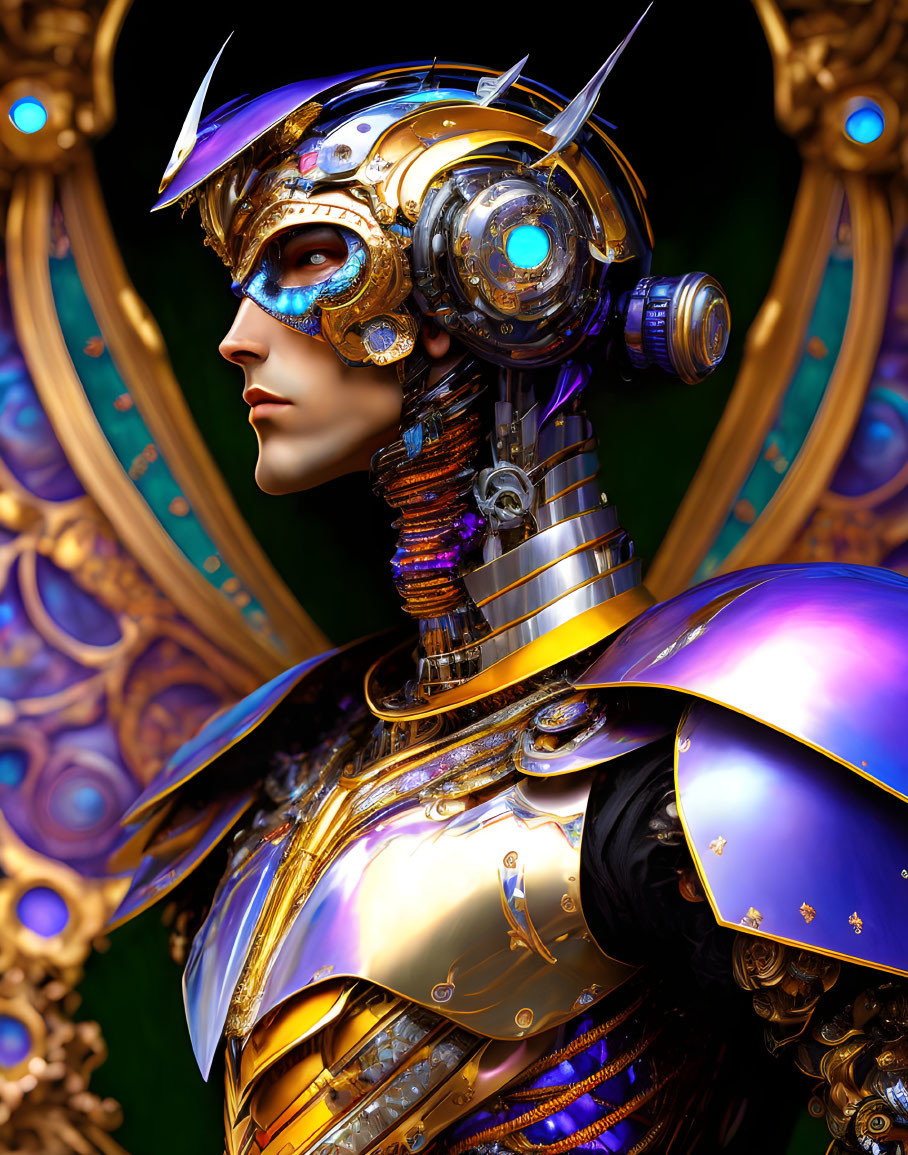 Futuristic digital artwork of person in golden helmet and armor on ornate backdrop