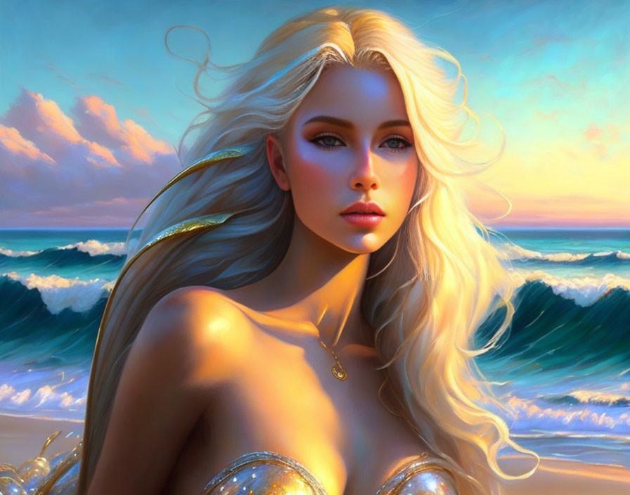 Blonde Woman with Blue Eyes in Serene Ocean Sunset Portrait