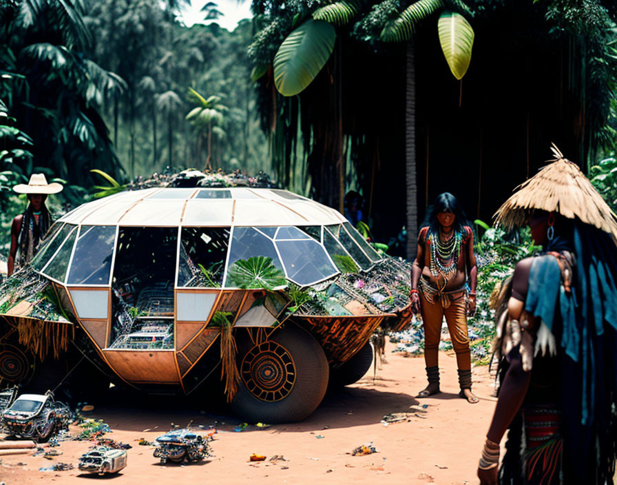 Futuristic geodesic dome vehicle with plants, surrounded by people in tribal attire in lush forest