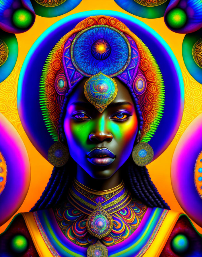 Colorful digital artwork of a woman with intricate patterns and psychedelic aura