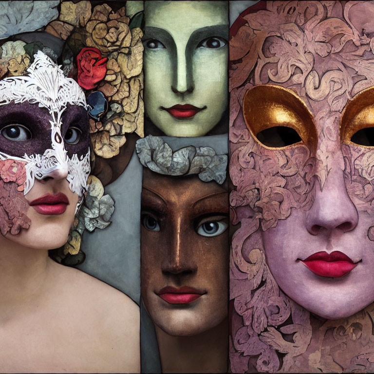 Four artistic faces with unique masks and floral elements in varied expressions and colors