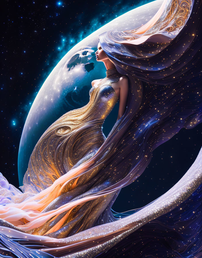 Majestic figure in galaxy-themed gown with flowing hair and cosmic backdrop