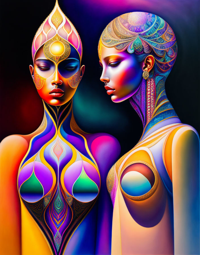 Colorful Artwork Featuring Stylized Figures with Rich Patterns and Regal Aura