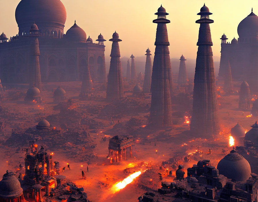 Fantastical cityscape with domed structures and spires at sunset