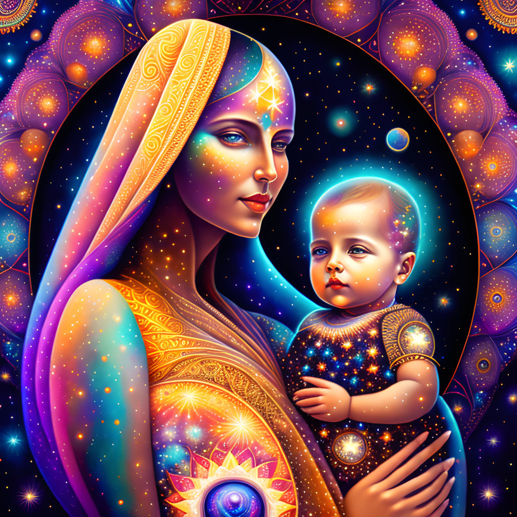 Colorful digital artwork: Woman with headscarf and baby in cosmic patterns