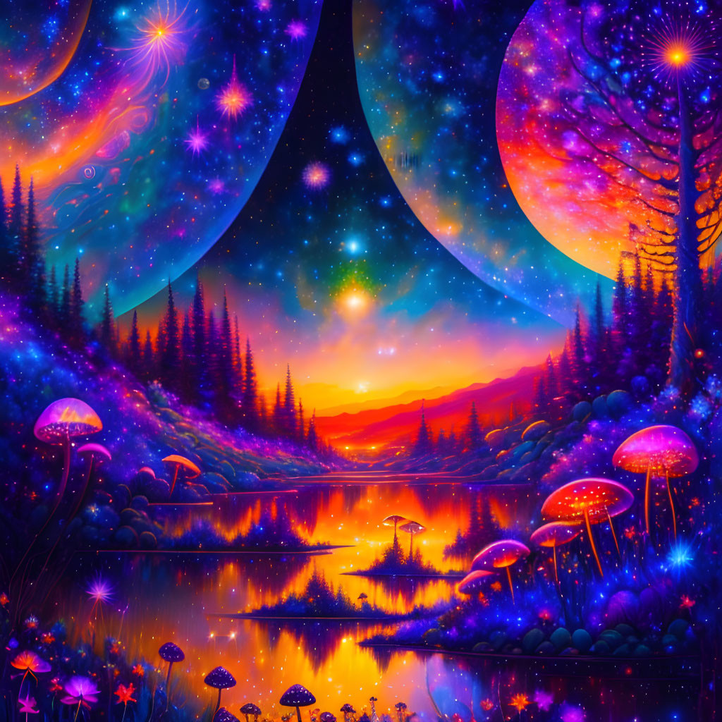 Fantasy landscape with glowing mushrooms, dual moons, colorful sunset, and tranquil lake