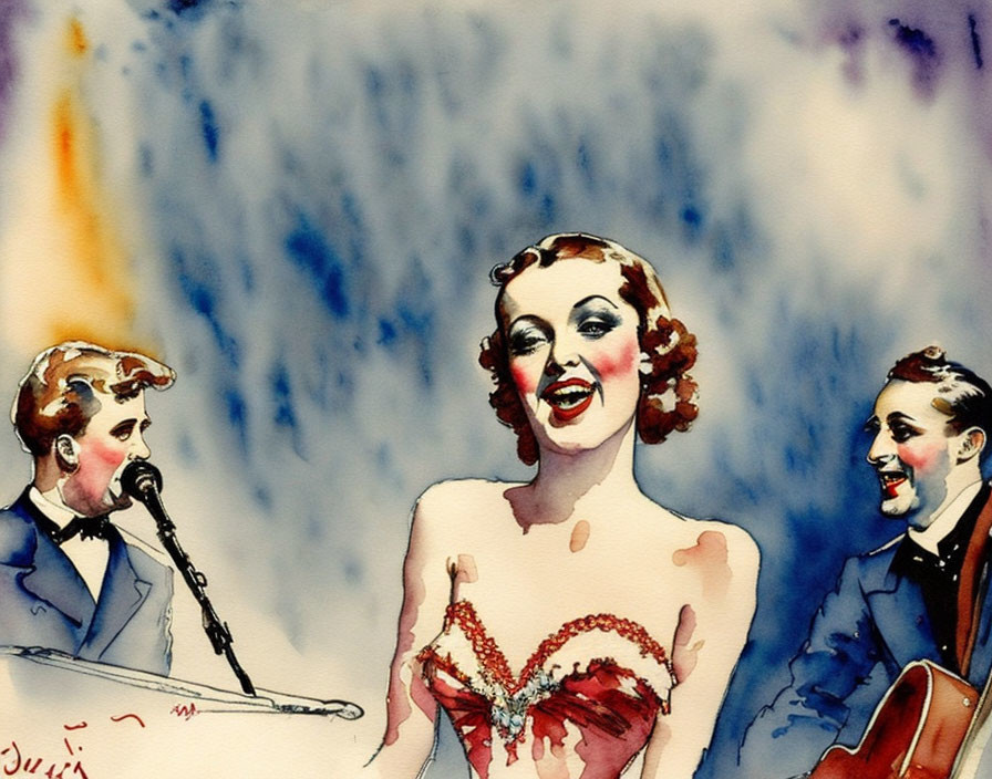 Vibrant watercolor painting: Vintage jazz band with glamorous singer, trumpeter, and guitarist