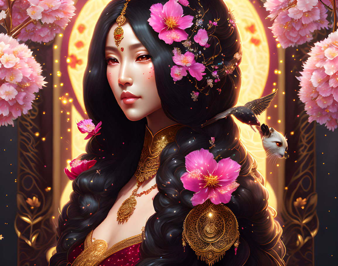 Illustrated woman with dark hair, pink blossoms, and gold jewelry under ornate archway with