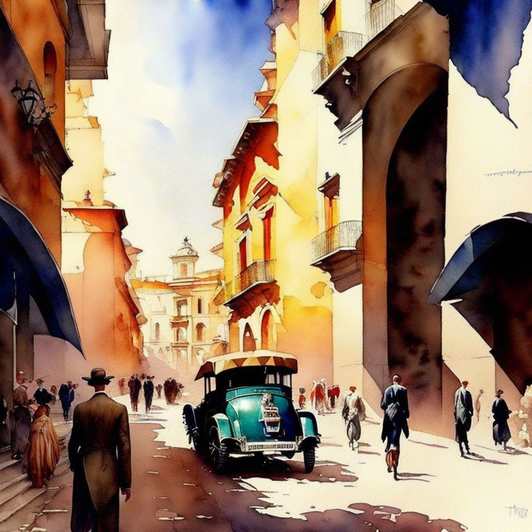 Colorful Watercolor Painting of Lively Street Scene with Classic Architecture, Vintage Car, and Pedest