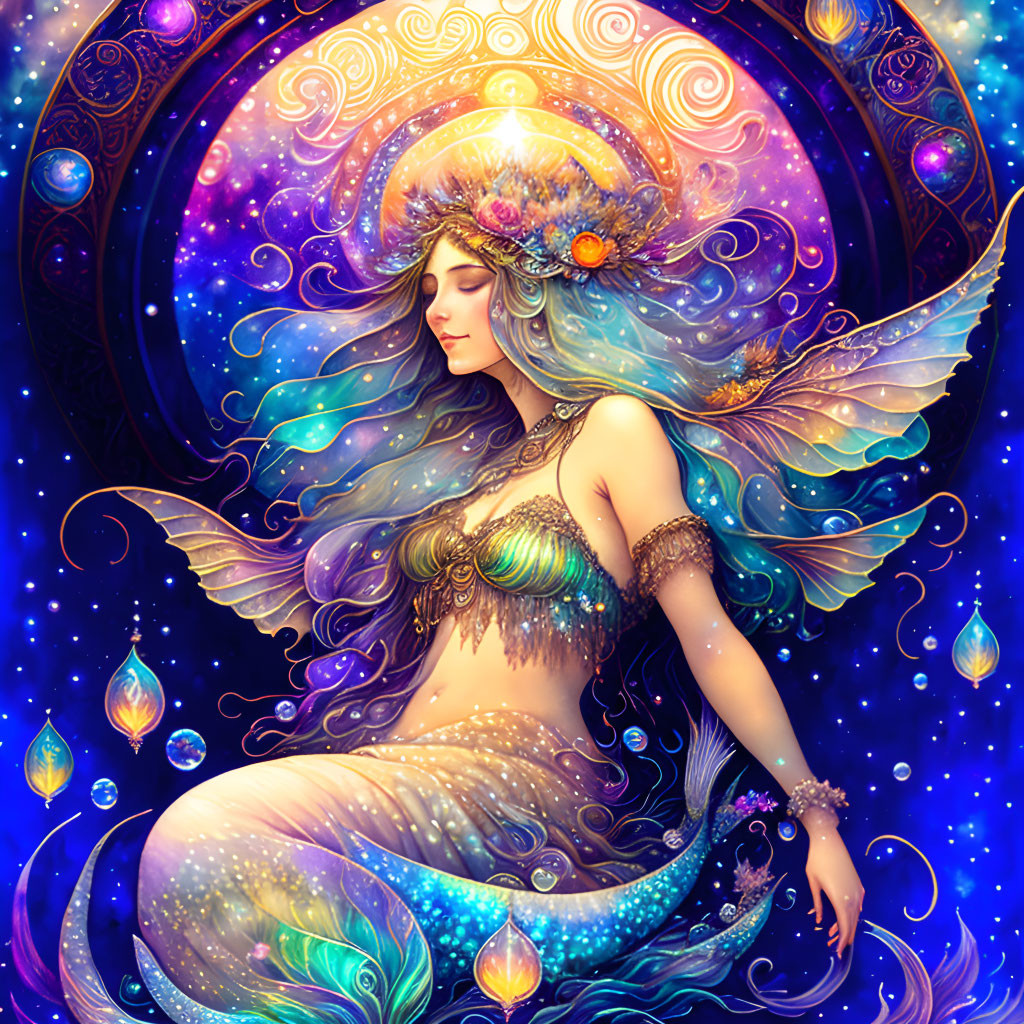 Winged mermaid with blue hair in cosmic setting.