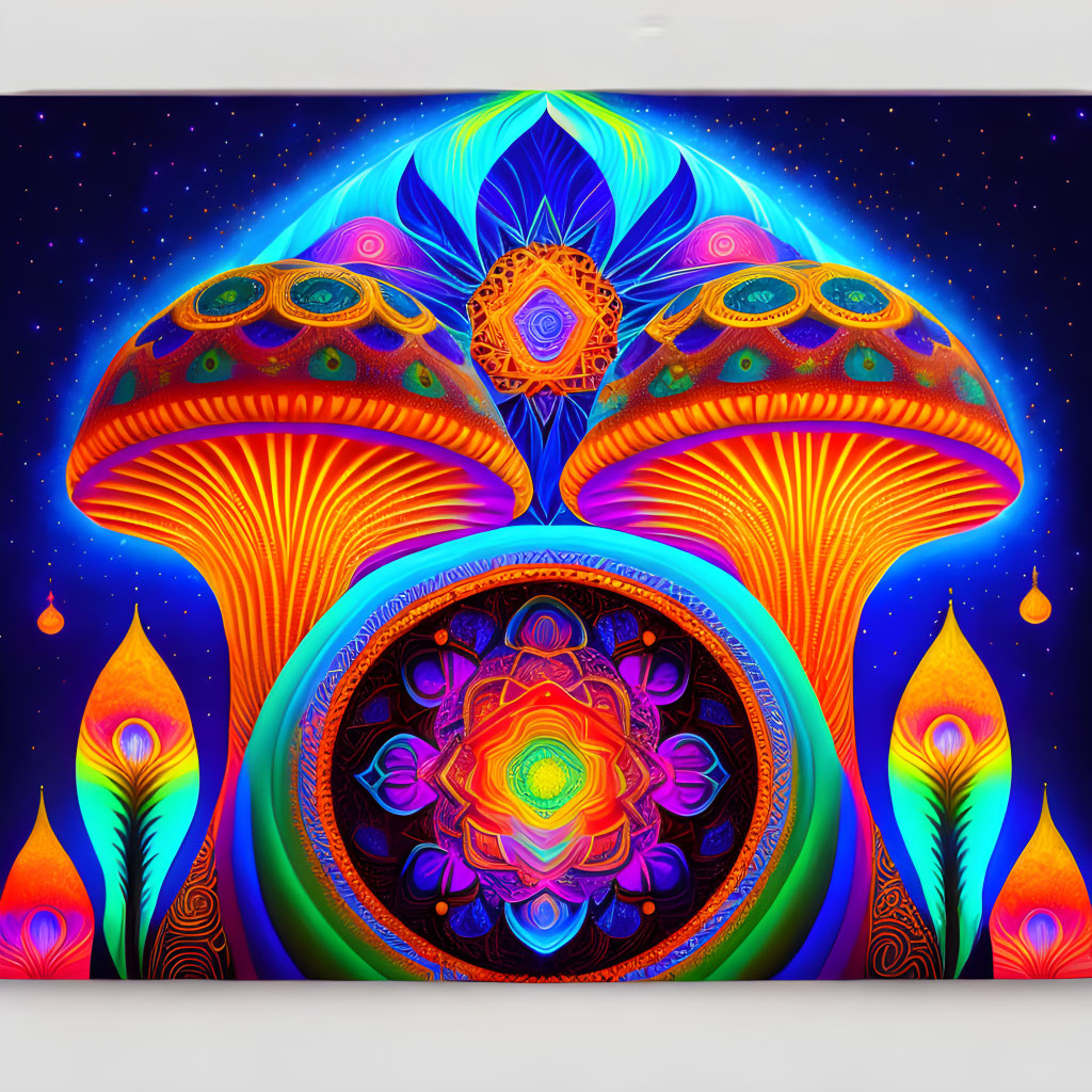 Colorful Psychedelic Mushroom Artwork Under Starry Sky