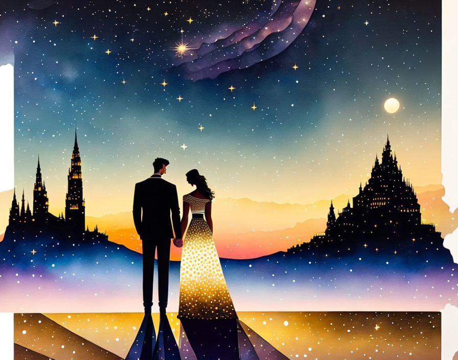 Couple gazing at starry sky with glowing path and magical castles