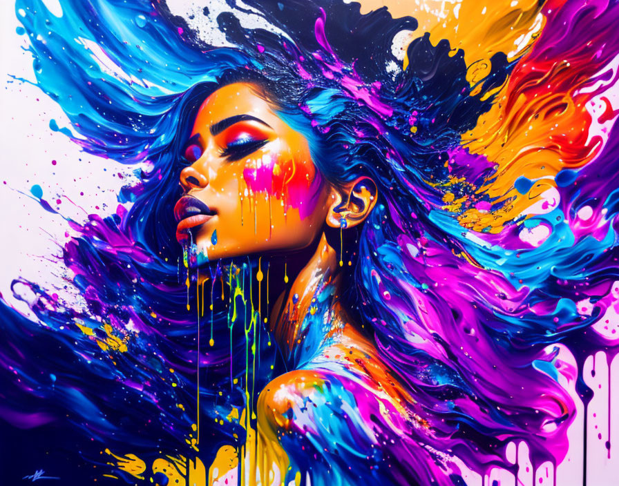 Colorful abstract portrait of a woman with paint splashes and streaks
