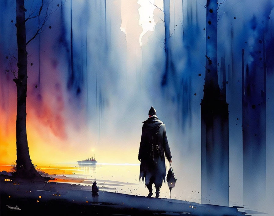 Cloaked Figure Walking Towards Glowing Horizon in Watercolor Art